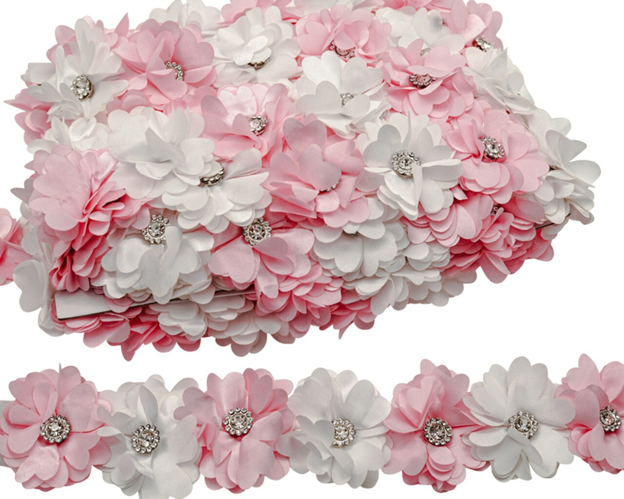 2" x 10 Yards Pink and White 3D Satin Flower Trim with Diamond Center
